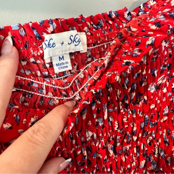 She + Sky Printed Strapless Smocked Jumpsuit Red White Blue Size Medium - Picture 6 of 8